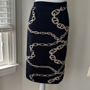 Adrienne Vitadini Navy & Gold Elegant Chain Patterned Skirt Size L NWT
